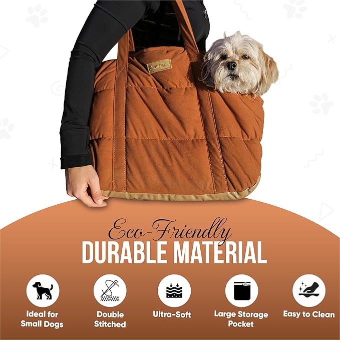 NoblePup Cozy Plush Dog Purse Carrier for Small Dogs - Dog Carrier Purse with Secure Harness Clip, Dog Tote Bag for Small Dogs and Puppies - Brown 2.0