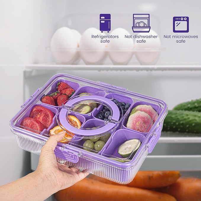 Patent Design Ribbed Snackle Box Container Divided Serving Tray with Lid and Handle -Charcuterie Container Portable Storage Organizer for Candy, Fruit, Beach, Picnics（1 pcs, Purple