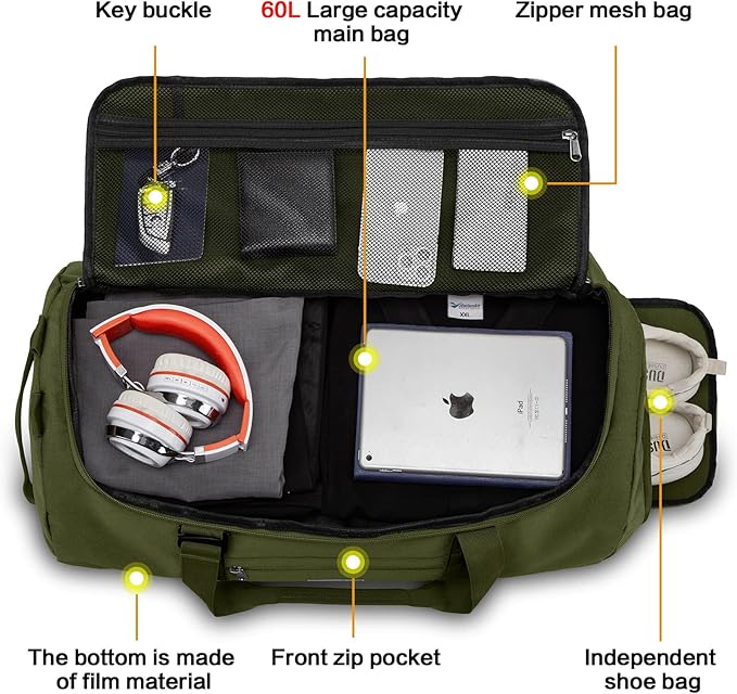 Lyweem Travel Duffel Bag for Men Duffle Bag Large Size for Women Weekender Overnight with Shoes Compartment Multifunctional Gym Bags 60L, Green