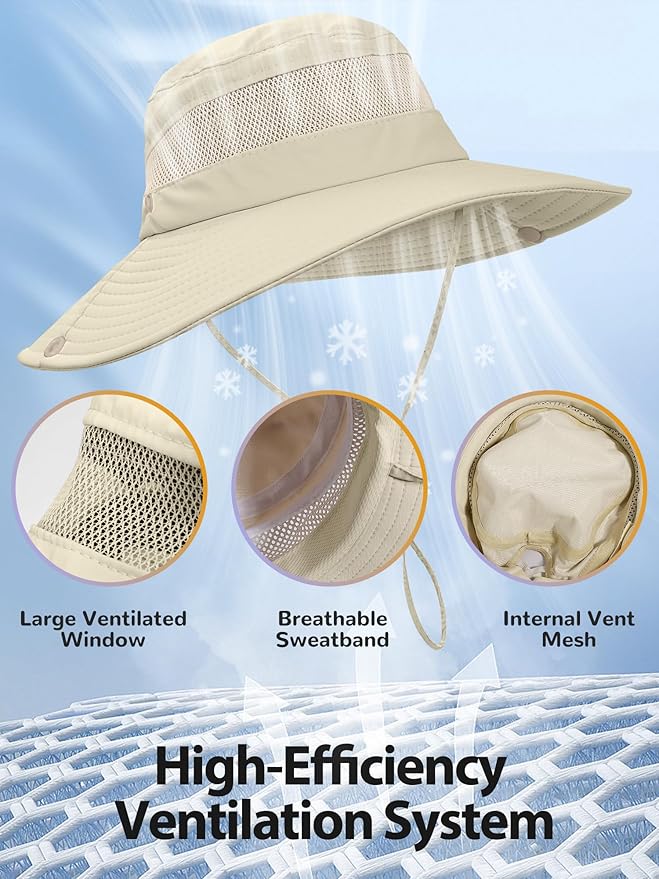 Sun Bucket Beach Hats for Women with Ponytail Hole,Sun Protection UV UPF50+ Waterproof Fishing Safari Hiking Hat