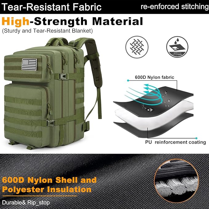 Tactical Backpack 45L Military Rucksack, Water Resistant MOLLE Assault Pack, Large 3 Day Bug Out Bag for Men & Women, Durable Outdoor Gear for Hiking, Camping, Hunting, Travel (ArmyGreen)