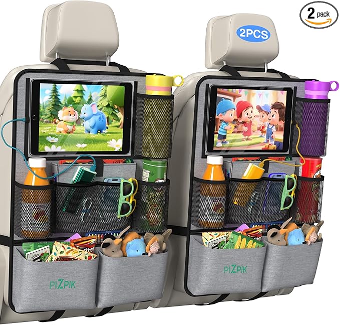 Car Backseat Organizer with Tablet Holder,11 Storage Pockets with Foldable Food Tray, Protector Kick Mats for Kids, Travel Accessories Organizer (Gray, 2Pack)