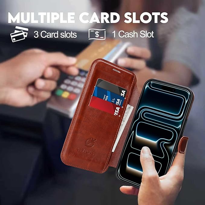 CIVICASE for iPhone 17 Pro Wallet Case with Stand,PU Leather Flip Credit Card Holder Slots (RFID Blocking),Compatible with Magsafe Magnetic Holder Phone Cover Women Men,Dark Brown