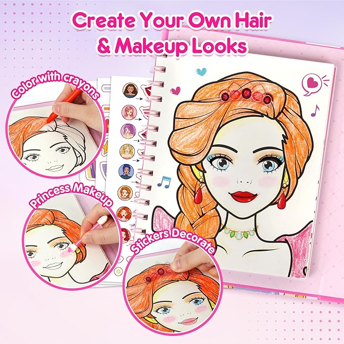 Mocoosy Makeup Craft Kit for Girls Ages 6-8, Pretend Makeup Coloring Activity Book with Stickers, Fashion Designer Kit for Girls Art & Craft, Travel Game Road Trip Toy Gift for Girl 5 6 7 8 Years Old