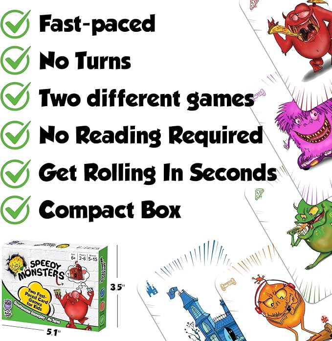 Speedy Monsters - Kids Card Games Ages 4-8, 8-12, Fun, Matching Card Games for Kids 8-12. Speed Color Monster Game, Reflex & Strategy Game for Travel& Game Night with Cute Monster Cards, 2-6 Players