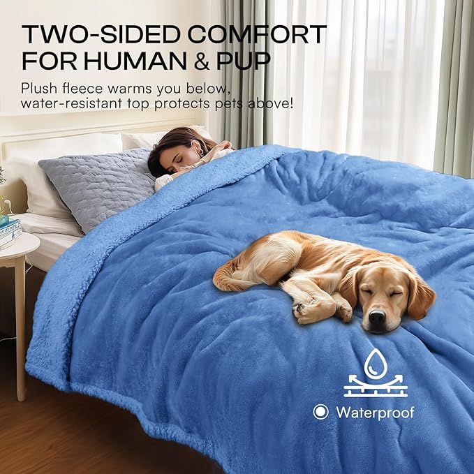 Luciphia Waterproof Pet Blanket, Liquid Pee Proof Dog Blanket for Sofa Bed Couch, Reversible Sherpa Fleece Furniture Protector Cover for Small Medium Large Dogs Cats, Navy Blue X-Large（85" x 57"）