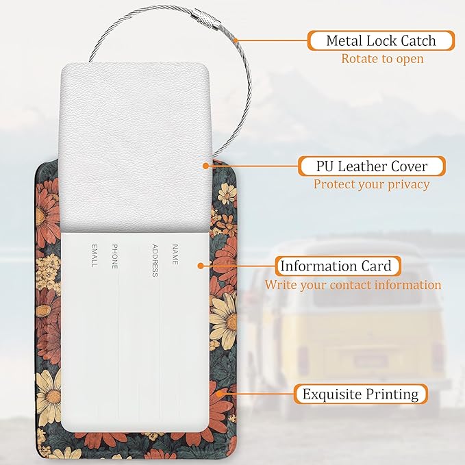 Flower Cat 3 Pack Luggage Tag for Suitcase, Unique Leather Travel Tags Identifiers with Privacy Name Address Labels & Durable Steel Loop for Women Men Travel