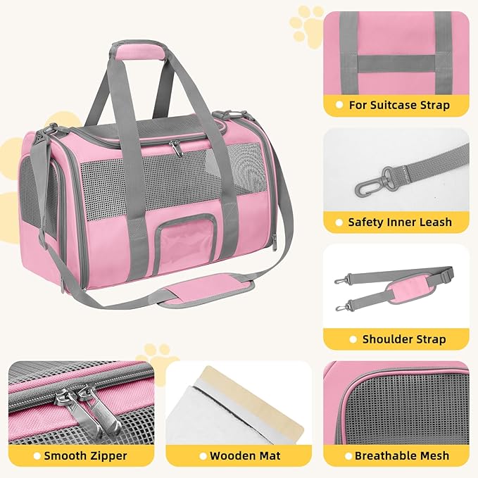 Soft - Sided Pet Carrier for Cats and Small Dogs, Airline - Approved, Pink Travel Tote with Mesh Windows, Foldable Bowl, Shoulder Strap, Oeko - TEX Certified