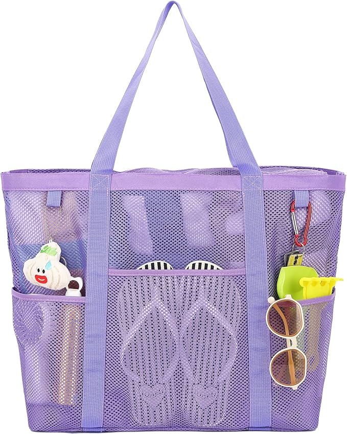 Mesh Beach Bag, Large Beach Tote with Zipper Pocket for Family Pool Bag for Toys & Vacation Essentials