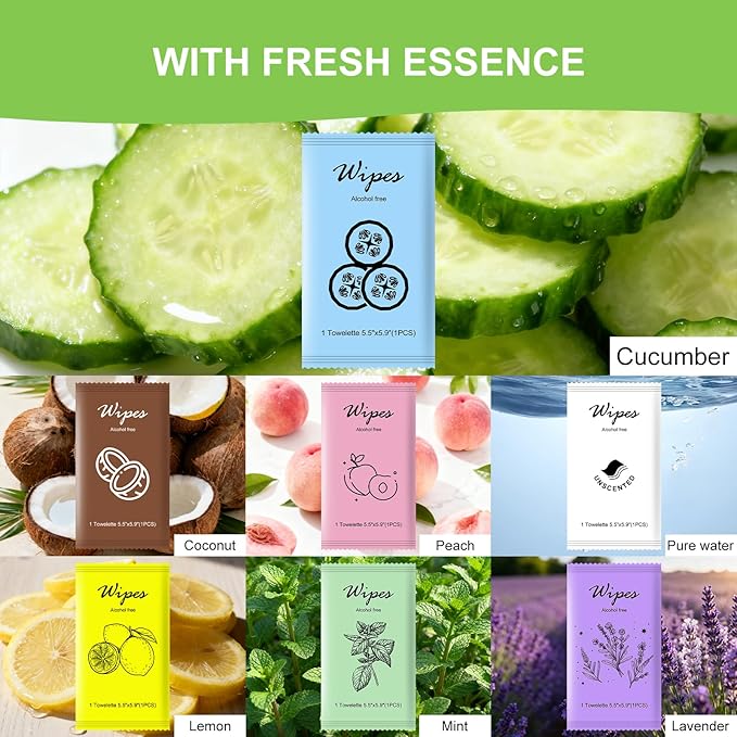 twoworld Individual Hand Wipes,Wet Wipes Individually Wrapped Bulk Cleansing Travel Size Wet Wipes for Travel Restaurant (Mint, lemon, lavender,cucumber, coconut, peach, and unscented,pack of 140)