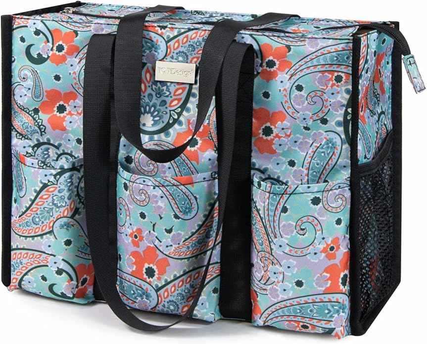 TOPDesign Utility Water Resistant Tote Bag with 13 Pockets, Top Zipper Closure & Thick Bottom Support, for Working Women