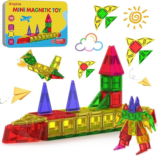 112PCS Mini Magnetic Tiles for Kids, Magnetic Tiles Travel Set with Iron Box, Portable Construction Toys STEM Educational Building Set for Kids Ages 4-8 Toddlers, Boys & Girls Birthday New Year Gift