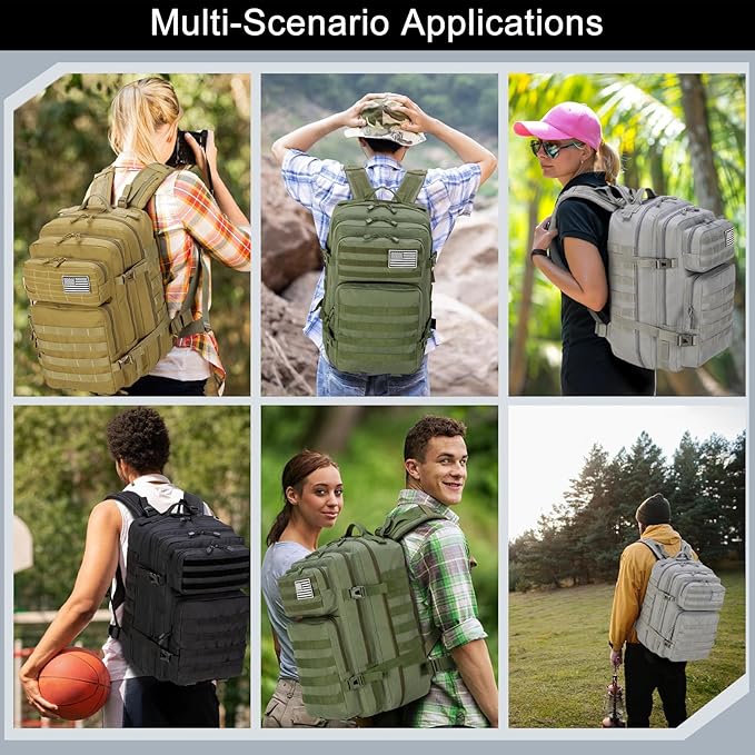 Tactical Backpack 45L Military Rucksack, Water Resistant MOLLE Assault Pack, Large 3 Day Bug Out Bag for Men & Women, Durable Outdoor Gear for Hiking, Camping, Hunting, Travel (Grey)