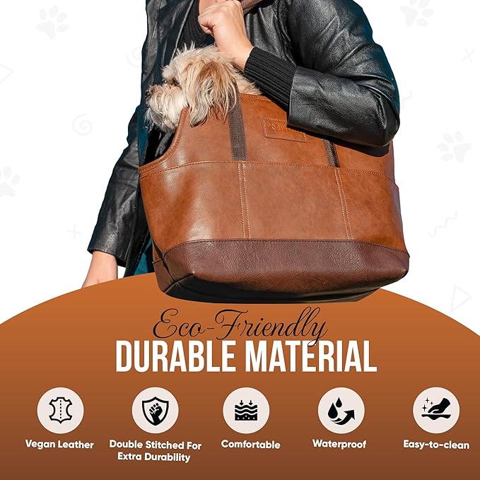 Luxury Dog Purse Carrier - Brown Faux Leather Pet Carrier, Secure Harness Clip, Tote Bag for Small Dogs and Puppies