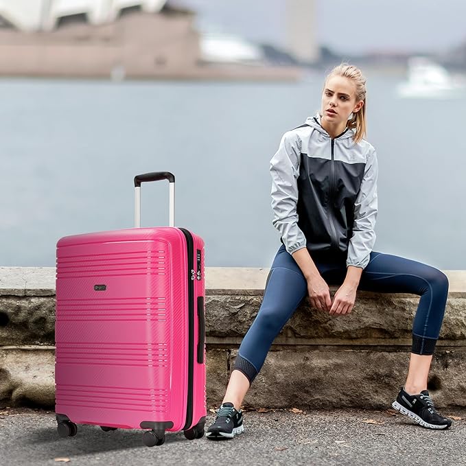 GinzaTravel 25 Inch Hardside Checked Luggage Large Lightweight Suitcase with Spinner Wheels TSA Lock, Checked-Medium 25-Inch, Dark Pink