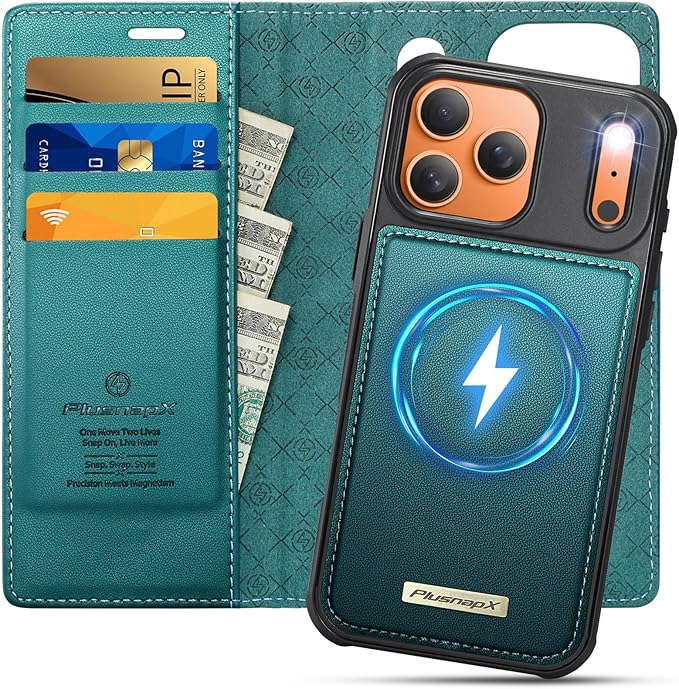 PlusnapX Wallet Case for iPhone 17 Pro Compatible with Magsafe, 2-in-1 PU Leather Flip RFID Blocking Card Holder Stand Shockproof Magnetic Detachable Cover for iPhone 17 Pro Case 6.3", Bluegreen