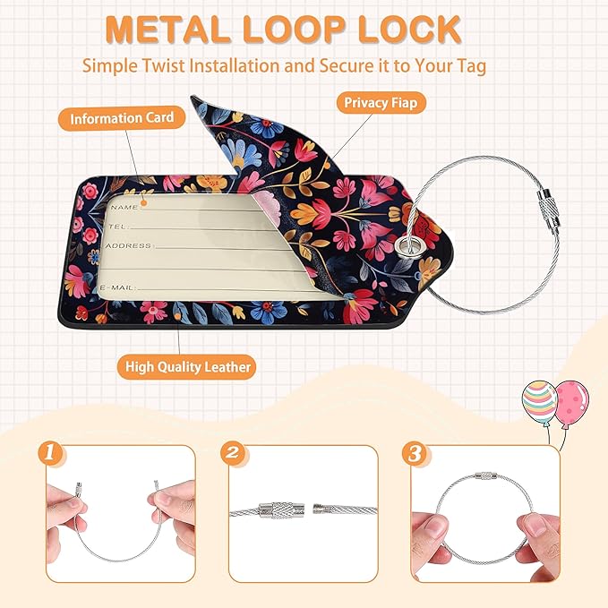 Colorful Boho Flowers 3 PCS Luggage Tags, Vintage Floral Leather Suitcase Tags with Privacy Cover Name Address Labels and Durable Steel Loop for Men/Women Travel Bag Suitcases
