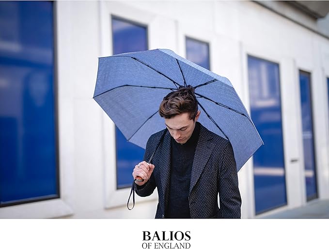 Balios (Designed in UK) Travel Umbrella Luxurious Golden Hardwood Handle Auto Open & Close Windproof Frame Single Canopy Automatic Folding Umbrella Men's & Ladies