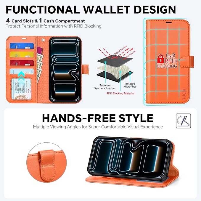 TUCCH Detachable Case Wallet for iPhone 17 Pro (6.3") 2025, Wrist Strap | 4 Card Slots RFID Blocking | Wireless Charging | Stand | 2-in-1 Magnetic | PU Leather | Shockproof Folio Cover | Orange