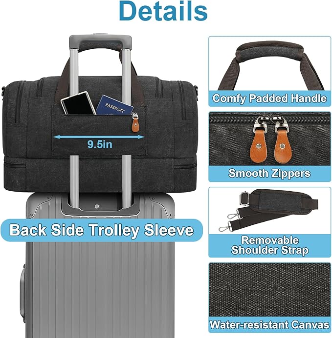 Canvas Travel Duffel Bag for Men - 21 Inch Expandable 47L Weekender Bags with Trolley Sleeve & Toiletry Bag, Overnight Carry On Luggage with Removable Shoulder Strap, Durable & Water-Resistant