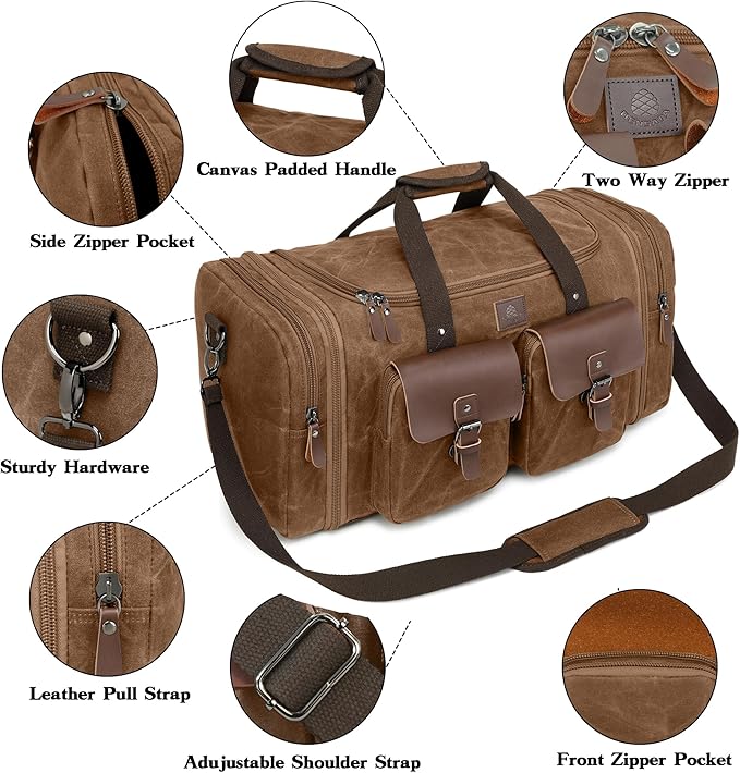 Waxed Canvas Duffle Bag for Men 50L Travel Duffel Bags Expandable Genuine Leather Duffel Overnight Weekender Carry On Bag Two Zipper Pockets Travel Bag (Vintage Dark Brown, Large-50L)