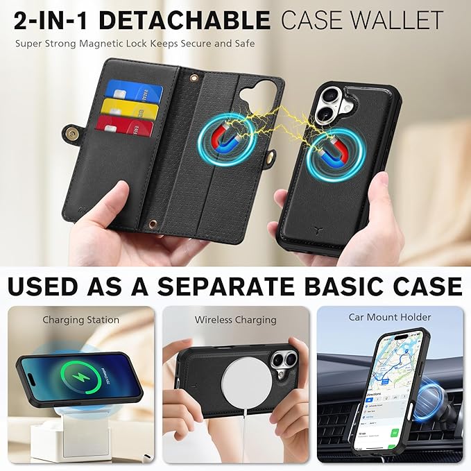 TUCCH Crossbody Detachable Wallet Case for iPhone 17 (6.3") 2025, 9 Card Slots RFID Blocking | Wireless Charging | Wrist Strap | Lanyard | Stand | Zipper Pocket | PU Leather Shockproof Cover | Black