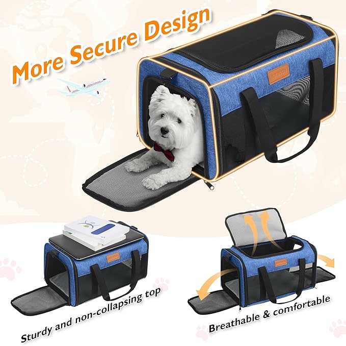 PETUX Cat Travel Carrier with Litter Box - 17"x11"x9.5", TSA Airline Approved, Underseat, Soft Sided Pet Carrier for Small Cats Under 12 lb with Safety Zipper, Anti-Scratch Mesh - Blue