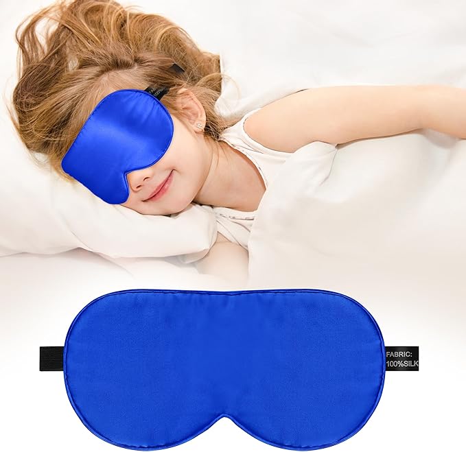 Kids Sleep Mask Eye Cover, 100% Real Natural Pure Silk Eye Mask with Adjustable Strap, Blindfold Kids Eye Mask for Sleeping, Eye Shade for Boys Girls and Adult, Pressure-Free Comfort (Royal Blue)