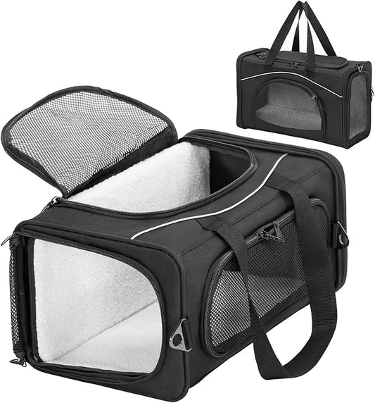 Petsfit Airline Approved Pet Carrier for Small Cats, 16.5x8.6x11 TSA Approved Carrier, with Removable Dual-Sided Padding (2-Way Placement) - Fits Under Most Airplane Seats, Escape Proof (Black)