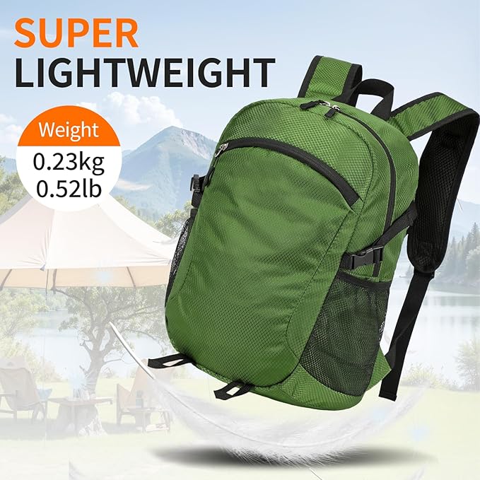 Small Hiking Backpack 15L Travel Lightweight Hiking Packable Daypack Water-Resistant Foldable Backpacks for Women Men Camping (Green)