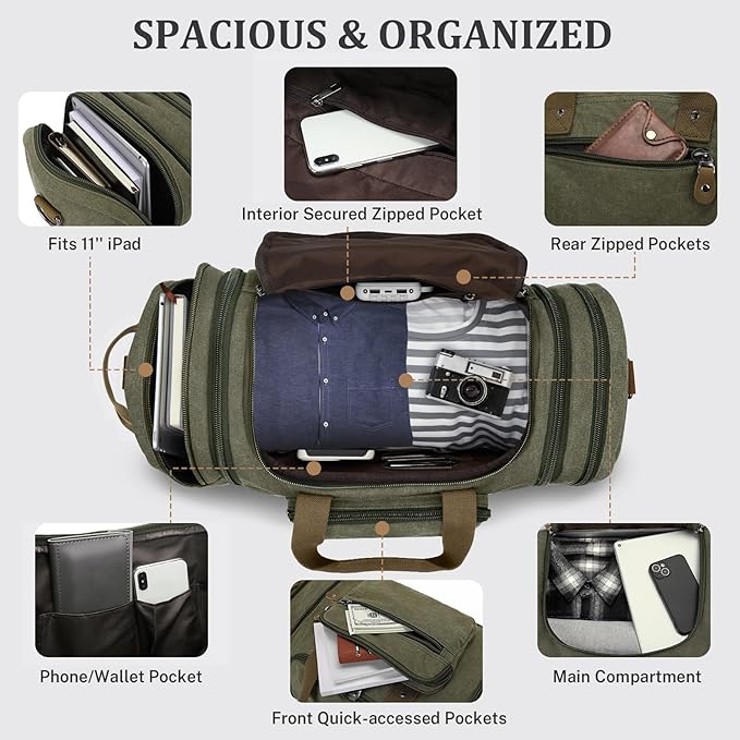 Gonex Canvas Duffle Bag 60L Travel Duffel Overnight Weekend Bag with Shoe Compartment (Army Green)