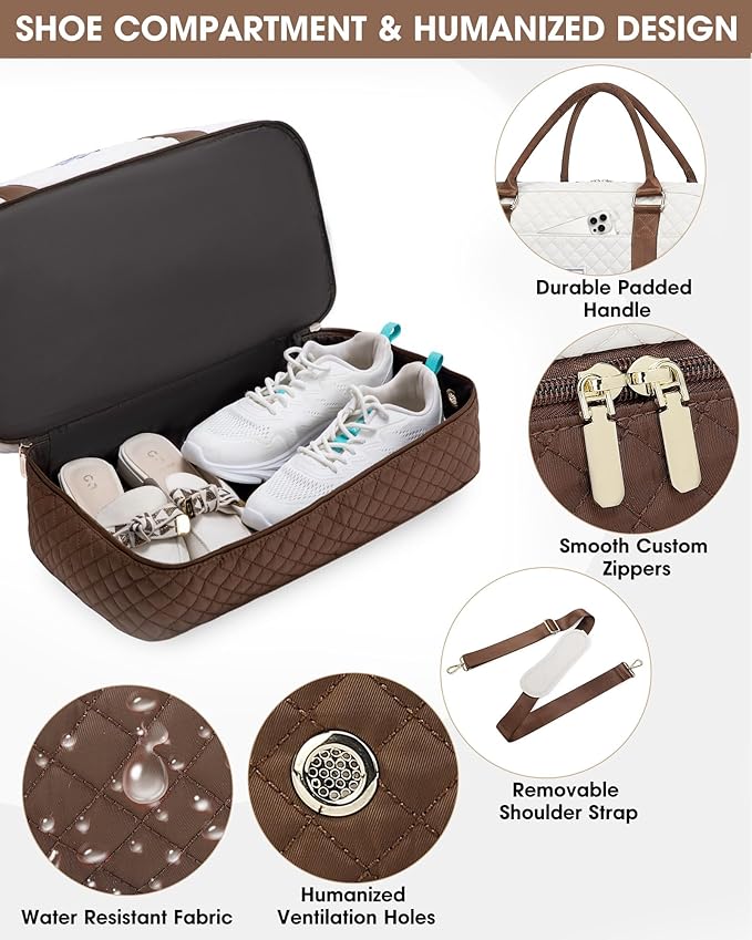 Travel Duffle Bag Weekender for Women: Travel Duffel Bag Carry-On Overnight Bag with Shoe Compartment & Wet Pocket Large Weekend Tote Bag Gym Duffel Bag for Hospital Beige Brown