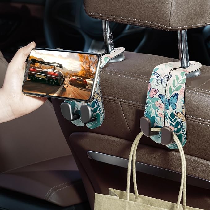 CoBak Purse Hook for Car - Universal Premium Stitched Leather and Aluminum-Magnesium Alloy Double Car Seat Back Storage Hook for Purses, Handbags, Bags (2 Pack),Whipering Garden