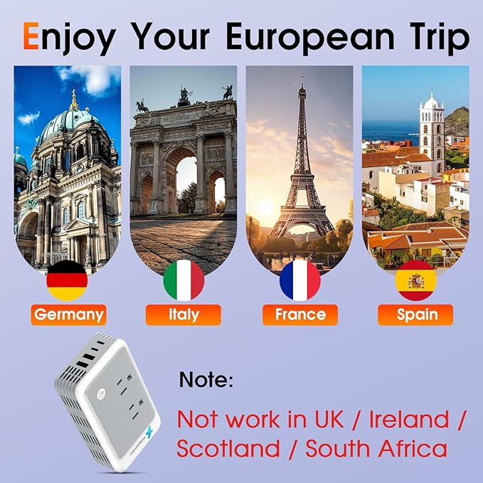 220V to 110V Voltage Converter US to Europe for Curling Iron and Hair Straighteners, Power Converter for European Travel Plug Adapter with 2 USB A & 2 USB C Ports (Type C-Europe)