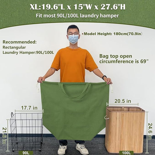 Canvas Laundry Bags with Handles & Rectangular Base, 90L Extra Large Heavy Duty Laundry Basket Hamper Liner Replacement, Washable Cotton Drawstring Dirty Clothes Bag (Army Green)