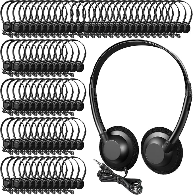 Flutesan 60 Pieces Classroom School Headphones Bulk on Ear Headphone with 3.5mm Headphone Plug in Adjustable Disposable for Kids Adults Student Noise Stereo Sound Library No Microphone