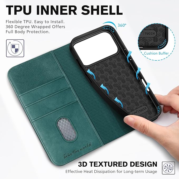 TUCCH Wallet Case for iPhone 17 Pro Max (6.9-Inch) 2025, 3 Credit Card Slot | RFID Blocking | Stand | PU Leather | Shockproof TPU Interior Shell | Protective Flip Folio Cover | Teal Blue