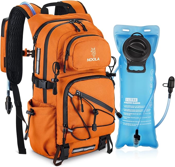 NOOLA Hydration Backpack with 3L Water Bladder - 22L Water Backpack for Hiking, Cycling, Running, Biking - Lightweight Hiking Pack Bag with Rain Cover, Phone Holder and Trekking Pole Holders, Orange