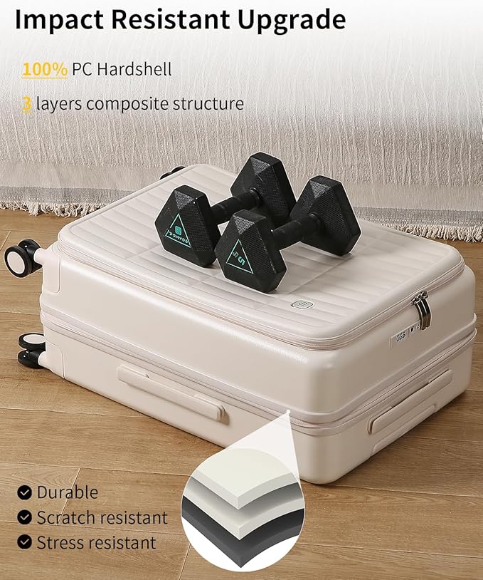 aji Expandable Top Open Carry On Luggage 22x14x9 Airline Approved, 20 Inch Hard Shell Carry On Suitcase with Spinner Wheels,Travel Small Luggage for Women Men,Coconut White