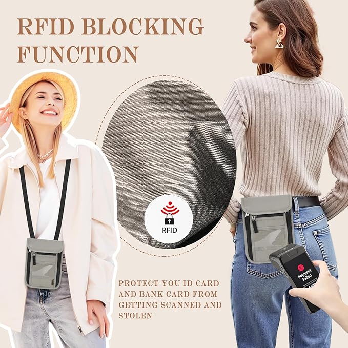 Passport Holder for Travel, Neck Pouch Travel Wallet With RFID Blocking, Waterproof Lightweight Passport Wallet for Women and Men (Gray)