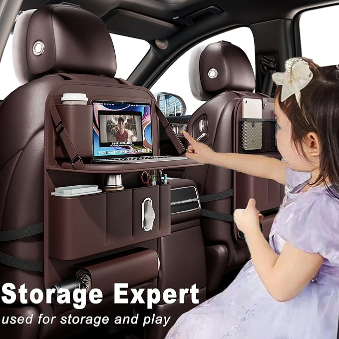 GMQ Backseat Car Organizer with Tray 1 Pack,Car Backseat Organizer with Foldable Table for Kids,Multifunctional Seat Back Organizer with Storage Pockets Car Storage Organizer (Coffee Brown)
