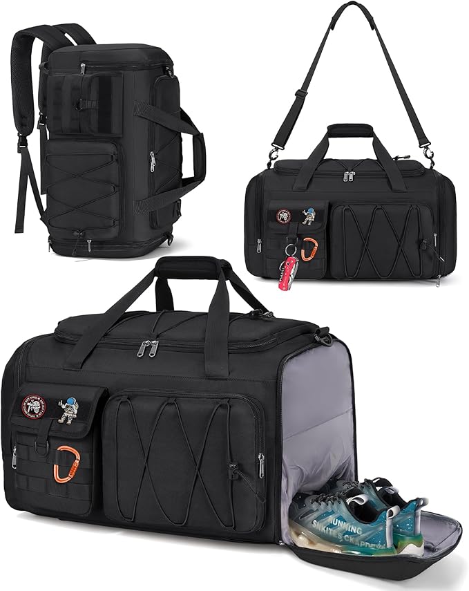SDYSM Gym Bag for Men 45L Sports Duffel Bags 3-in-1 Travel Duffel Bag with Shoe Compartment, Gym Workout Backpack Carry On Weekender Bag Overnight Bag for Travel, Black