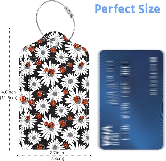 Chamomile and Ladybugs Luggage Tags 2PCS PU Leather Suitcases Tag with Stainless Steel Loop and Privacy Name Address Cover Label Card for Women Men Travel