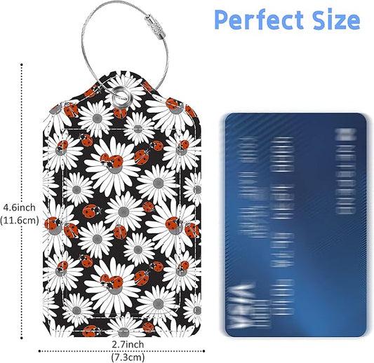 Chamomile and Ladybugs Luggage Tags 2PCS PU Leather Suitcases Tag with Stainless Steel Loop and Privacy Name Address Cover Label Card for Women Men Travel