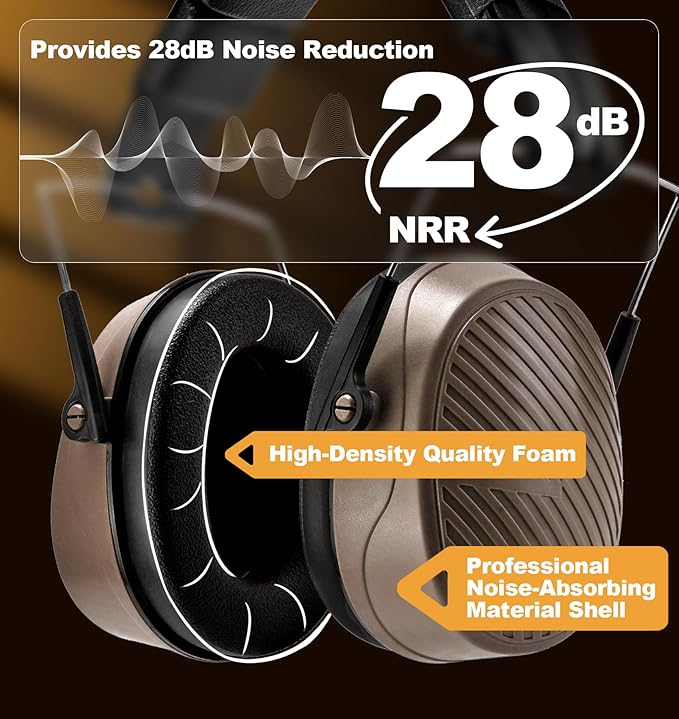 PROHEAR 038 Ear Protection Safety Earmuffs for Mowing, 28dB Noise Reduction Passive Hearing Protector, Compact Foldable Headset for Shooting Construction Power Tools, Brown
