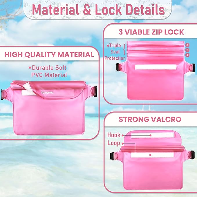 2-Pack Waterproof Fanny Pack, Phone Pouch with Waist Strap, 9x6.7 Inch Dry Bag for Phone, Cash, and Valuables – for Swimming, Kayaking, Boating, Snorkeling, and Water Sports (2, Pink + White)
