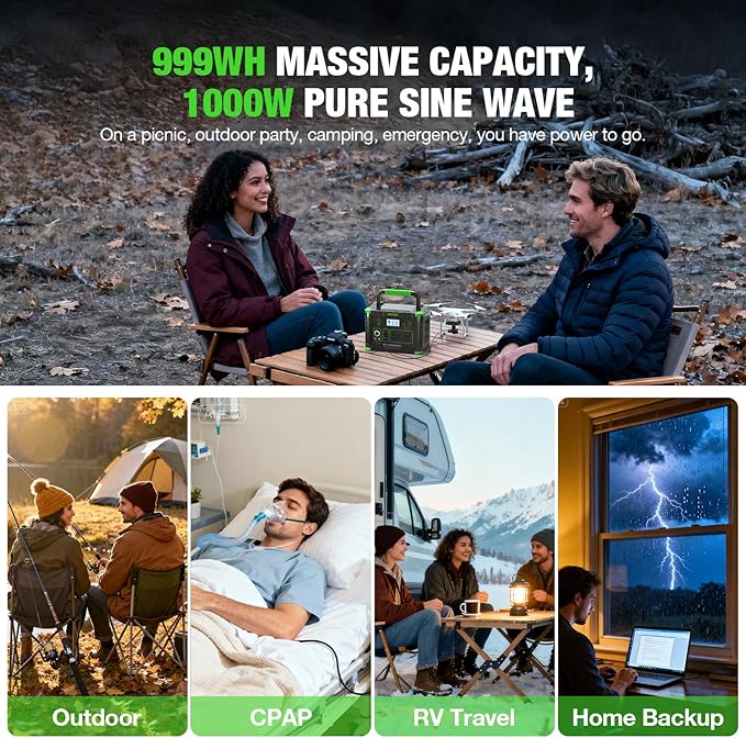 Portable Power Station 999Wh Solar Generator 1000W, 110V Pure Sine Wave AC Outlet, 60W USB-C PD Fast Charging, 10 Ports for Home Backup, Outdoor Camping, RV Travel, Emergency (2000W Surge)