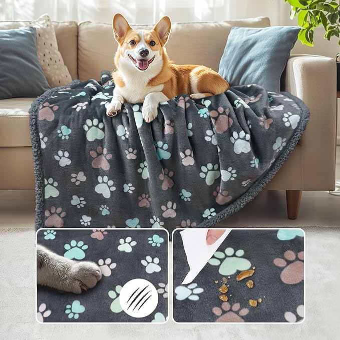 Luciphia Waterproof Pet Blankets for Couch Sofa Bed Cover Cat Liquid Pee Proof Washable Soft Fluffy Large Dog Blanket Reversible Furniture Protection Puppy Grey Paw Thicken Medium（57" x 40"）