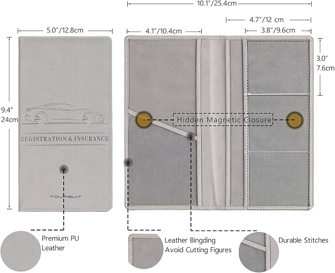 TOURSUIT Car Registration and Insurance Card Holder, Vehicle License Document Glove Box Compartment Organizer, Interior Car Accessories for Women Men Teens (Grey)