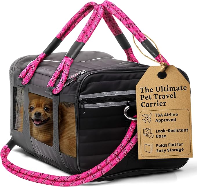 FLUFFY COMMUTE™ TSA Airline Approved Dog Carrier | Soft-Sided | Fits Small Dogs & Pets Up to 15 lbs & 17” Long × 11” Tall | Black w/Pink Handle